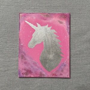 Silver Unicorn on Pink Canvas Art